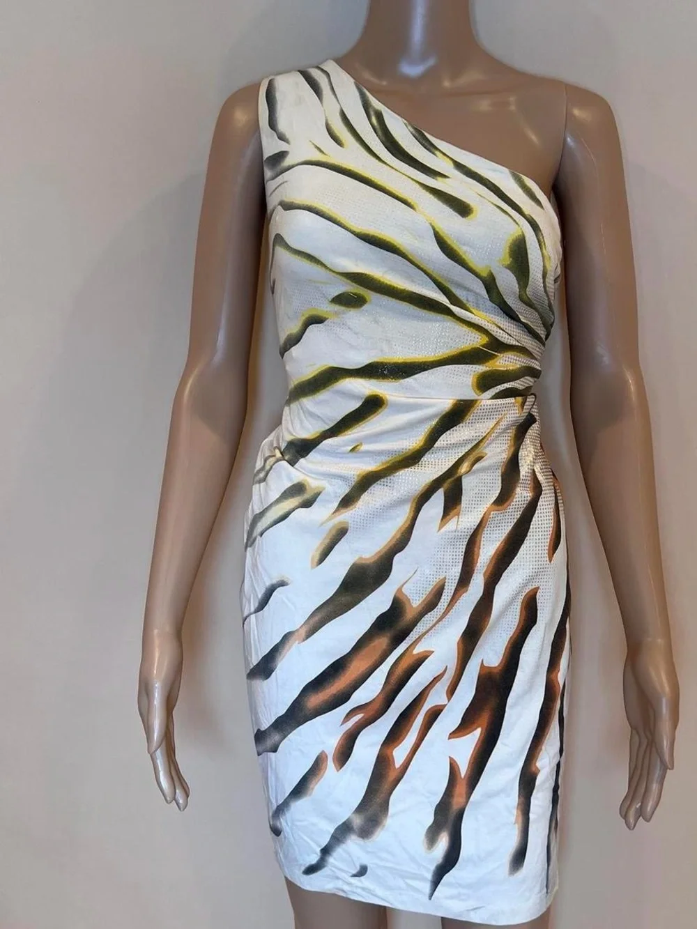 Cache One-Shoulder White Dress with Olive and Brown Abstract Print